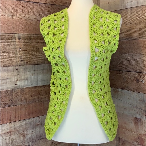 Vintage Jackets & Blazers - VINTAGE HANDMADE Green Crocheted Grannycore Vest